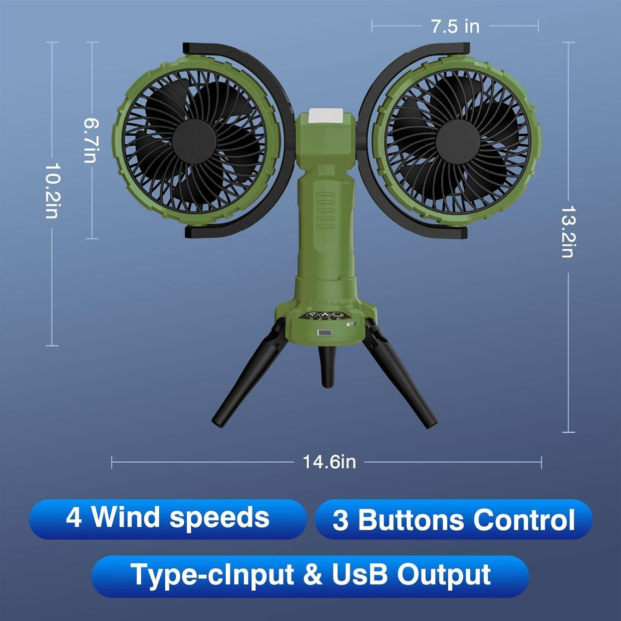 Green Camping Fan with LED Light – 4 - Speed 360° Oscillating USB Rechargeable - Kwikley