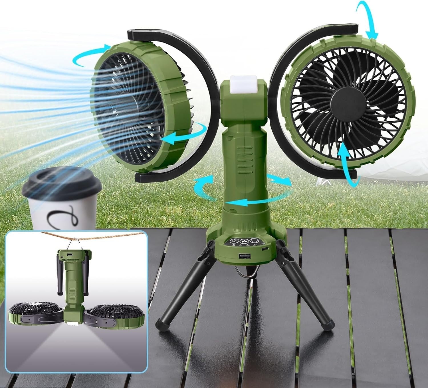 Green Camping Fan with LED Light – 4 - Speed 360° Oscillating USB Rechargeable - Kwikley