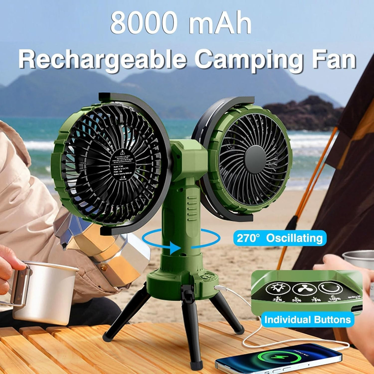 Green Camping Fan with LED Light – 4 - Speed 360° Oscillating USB Rechargeable - Kwikley