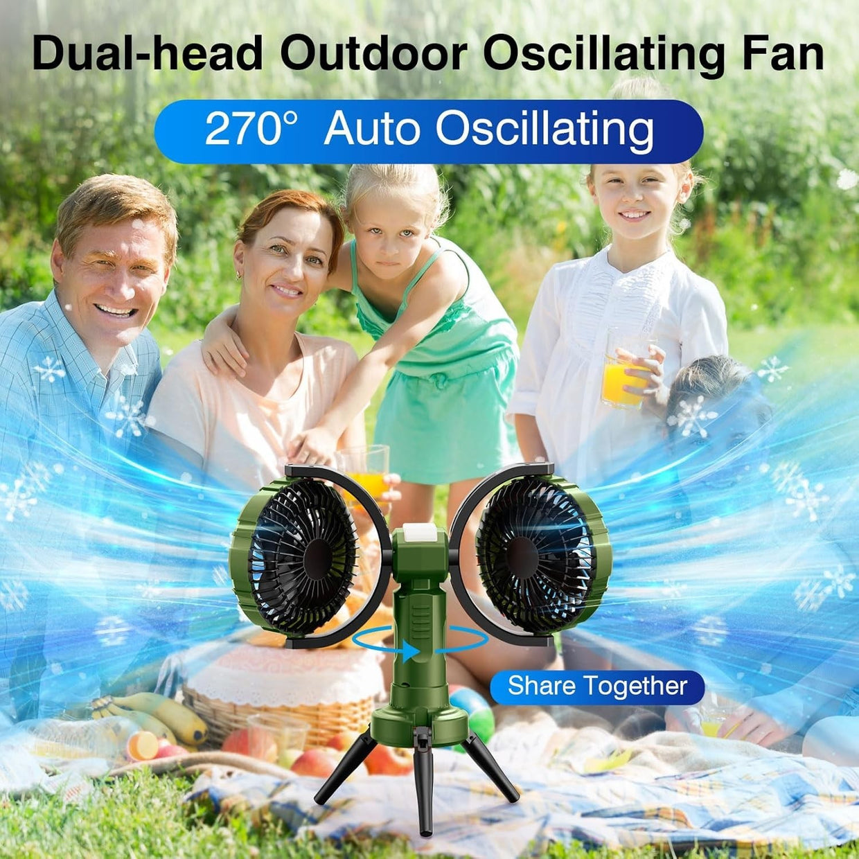 Green Camping Fan with LED Light – 4 - Speed 360° Oscillating USB Rechargeable - Kwikley