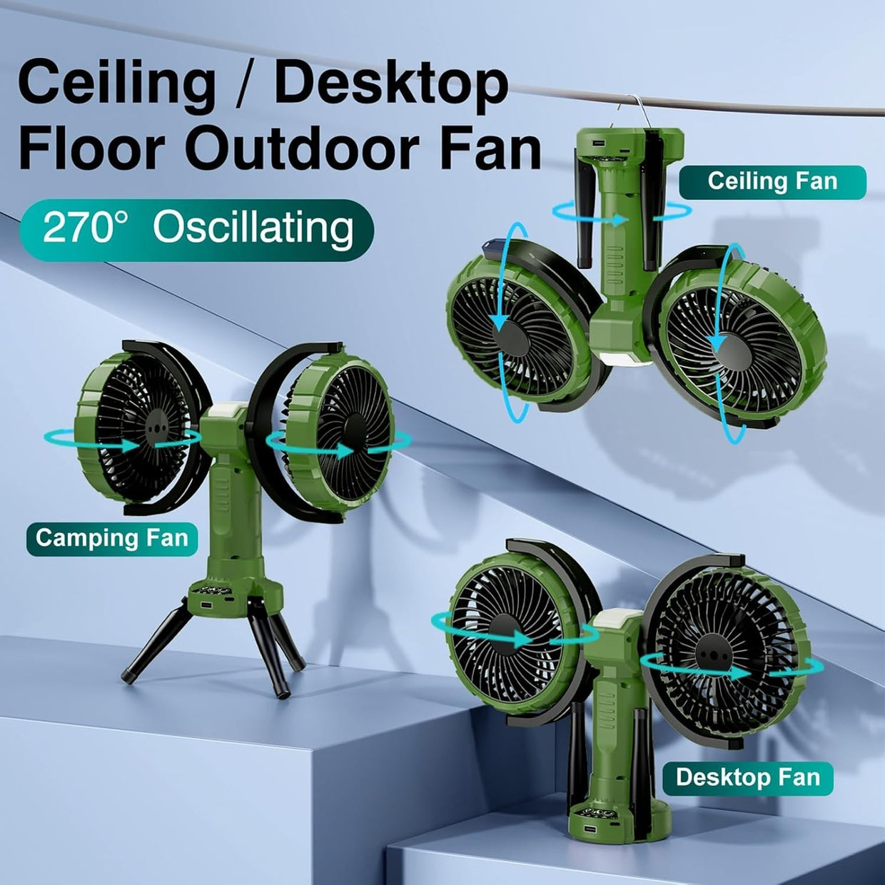 Green Camping Fan with LED Light – 4 - Speed 360° Oscillating USB Rechargeable - Kwikley