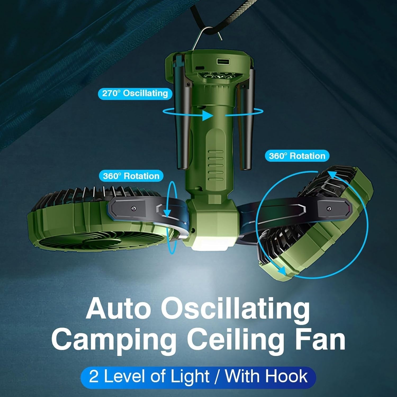 Green Camping Fan with LED Light – 4 - Speed 360° Oscillating USB Rechargeable - Kwikley