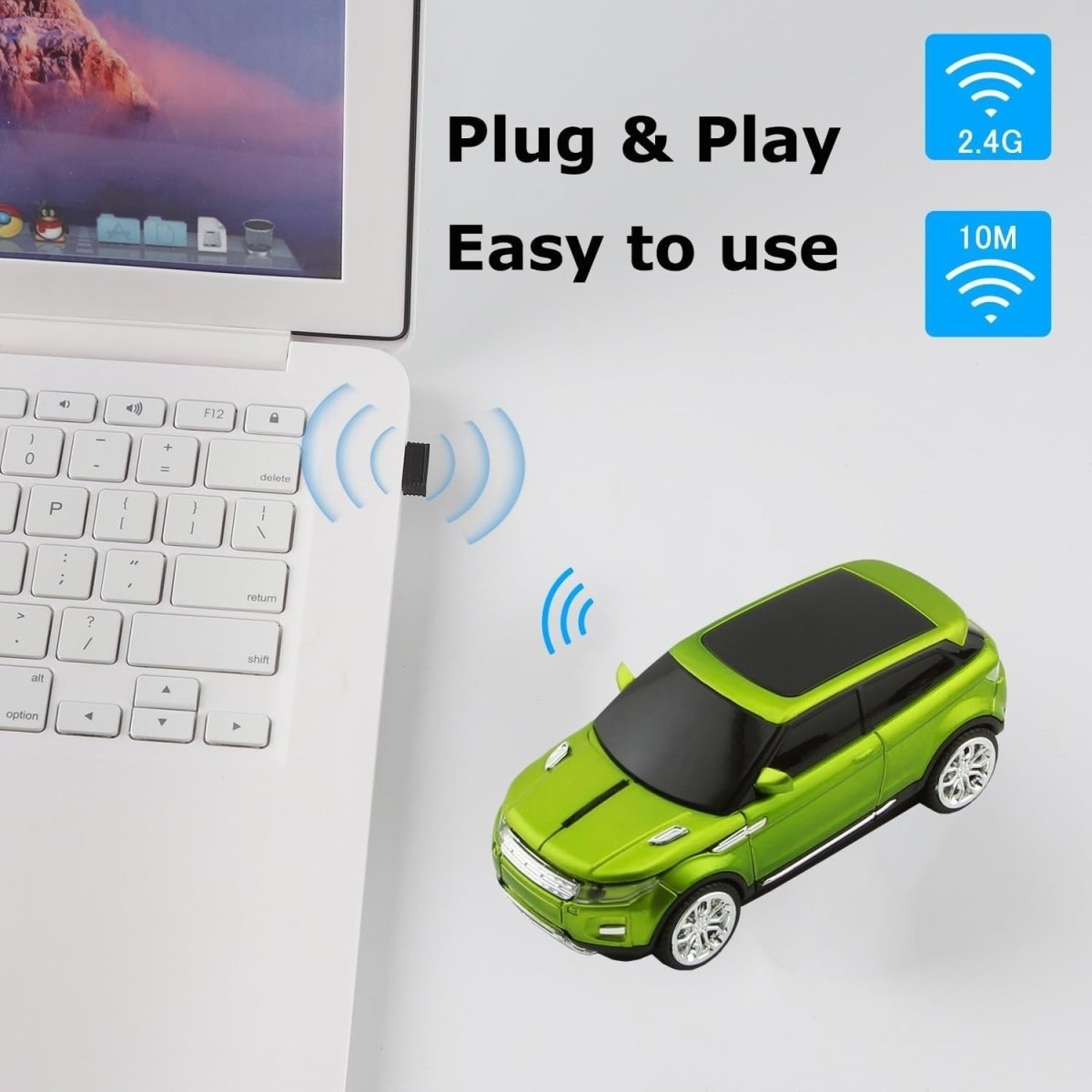 Green Car Shape Wireless Mouse USB 1600DPI LED Silent Gaming - Kwikley