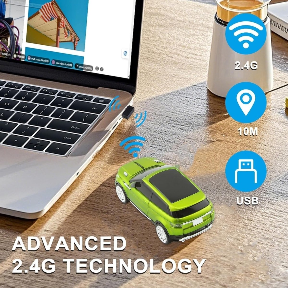 Green Car Shape Wireless Mouse USB 1600DPI LED Silent Gaming - Kwikley