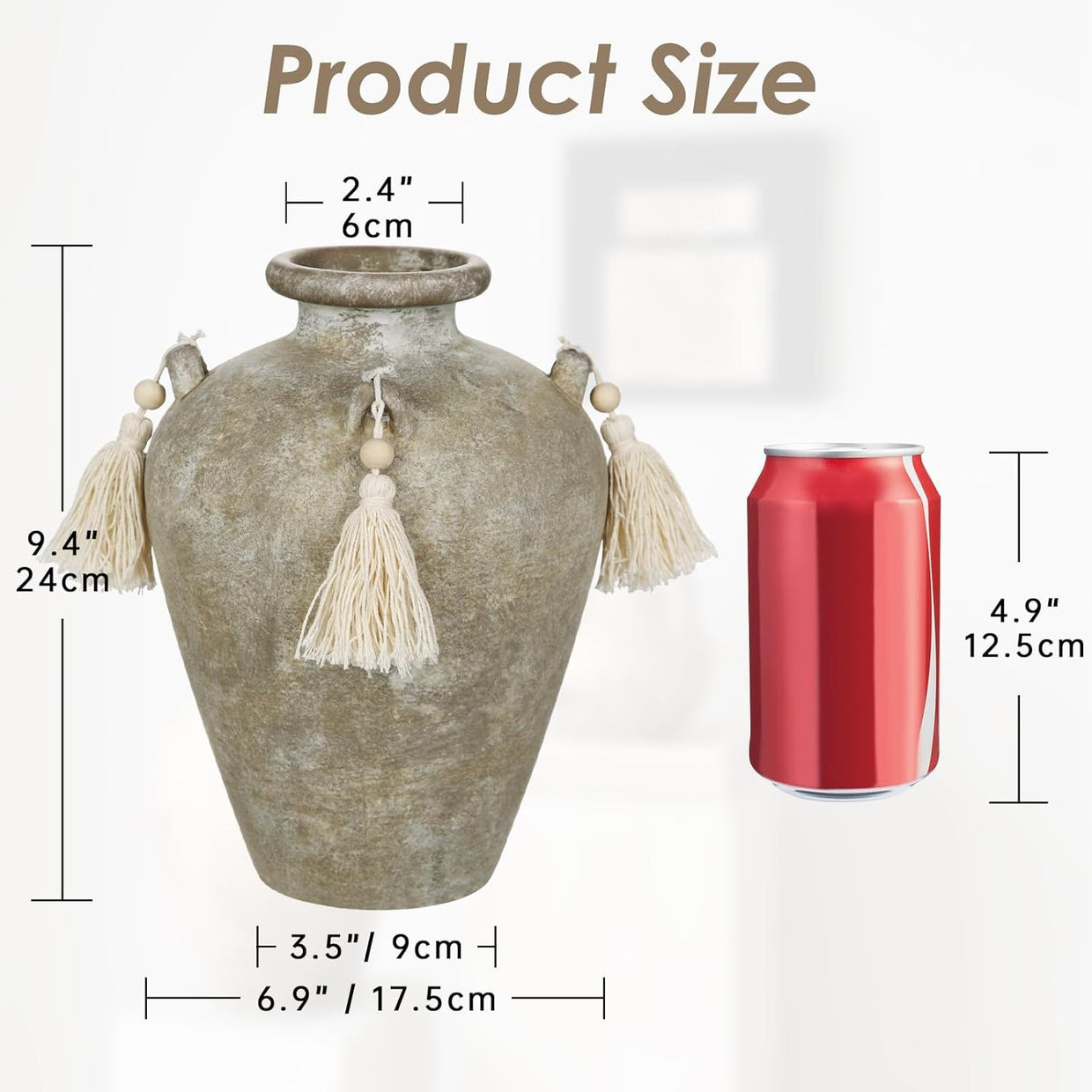 Green Ceramic Vase with Tassels Boho Pampas Grass Rustic Home Decor 24cm - Kwikley