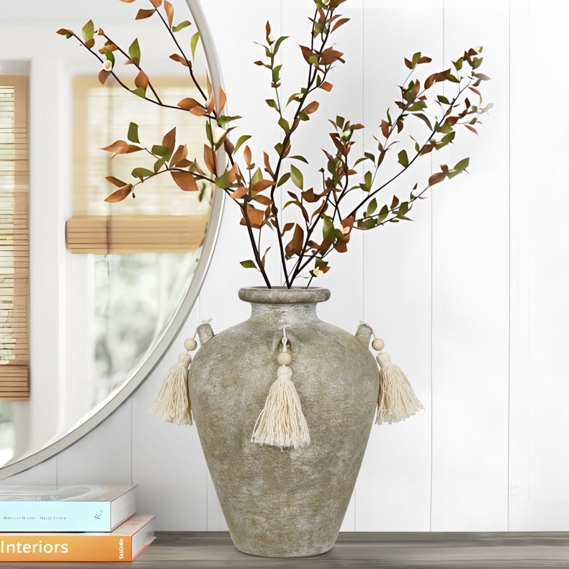 Green Ceramic Vase with Tassels Boho Pampas Grass Rustic Home Decor 24cm - Kwikley