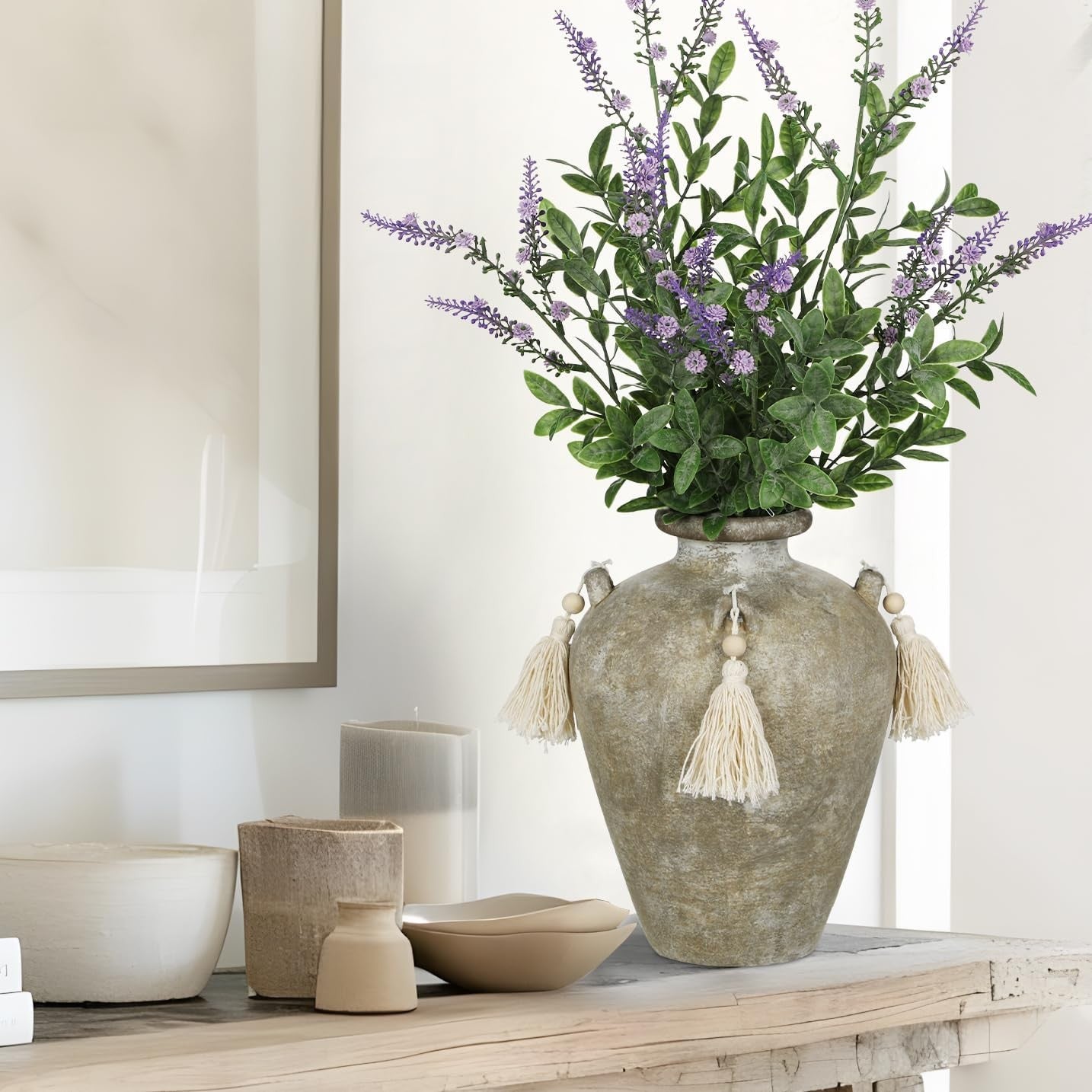 Green Ceramic Vase with Tassels Boho Pampas Grass Rustic Home Decor 24cm - Kwikley