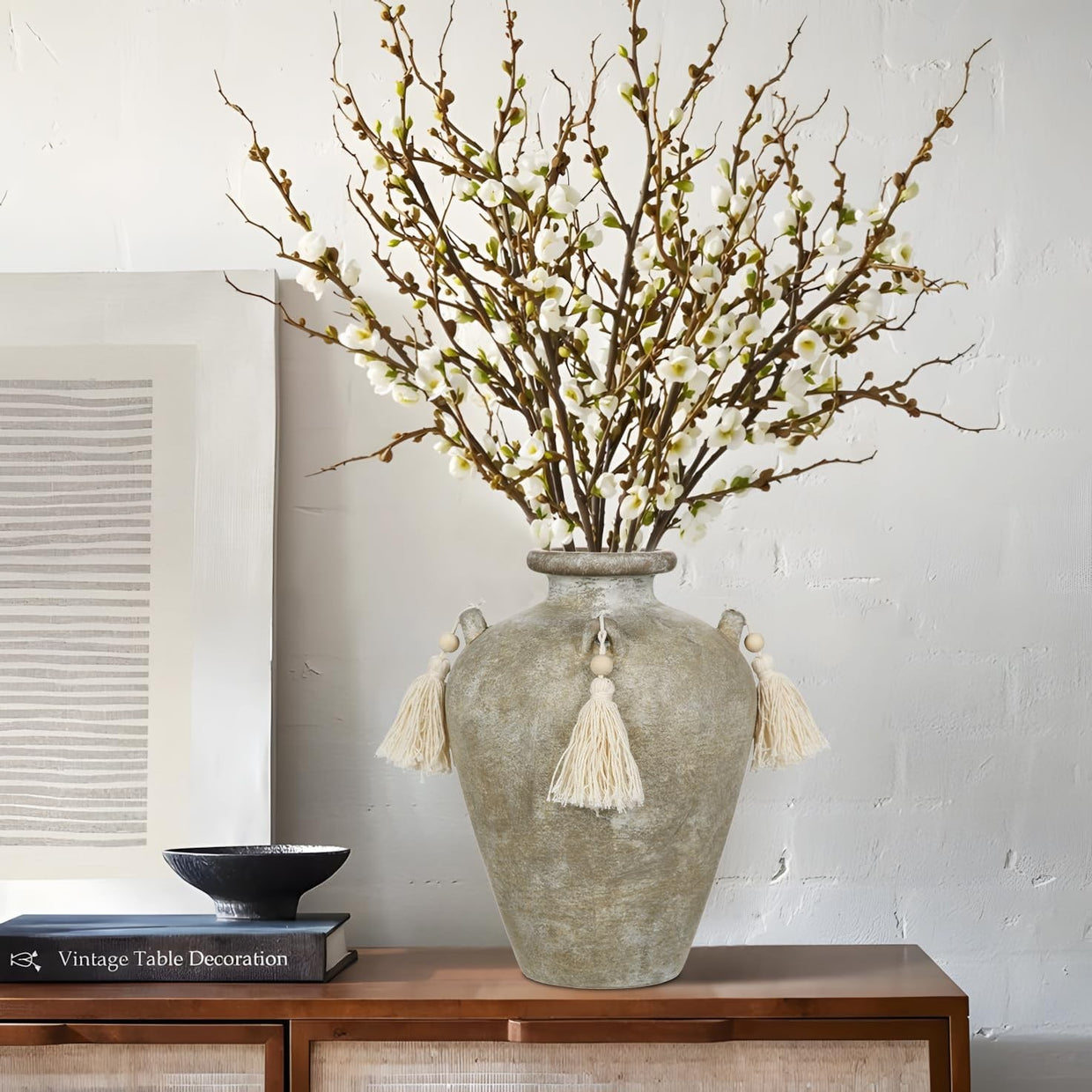 Green Ceramic Vase with Tassels Boho Pampas Grass Rustic Home Decor 24cm - Kwikley