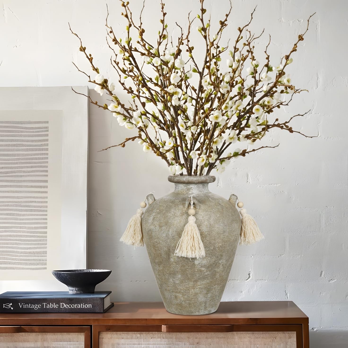 Green Ceramic Vase with Tassels Boho Pampas Grass Rustic Home Decor 24cm - Kwikley