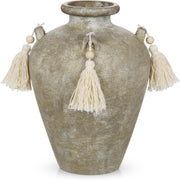 Green Ceramic Vase with Tassels Boho Pampas Grass Rustic Home Decor 24cm - Kwikley