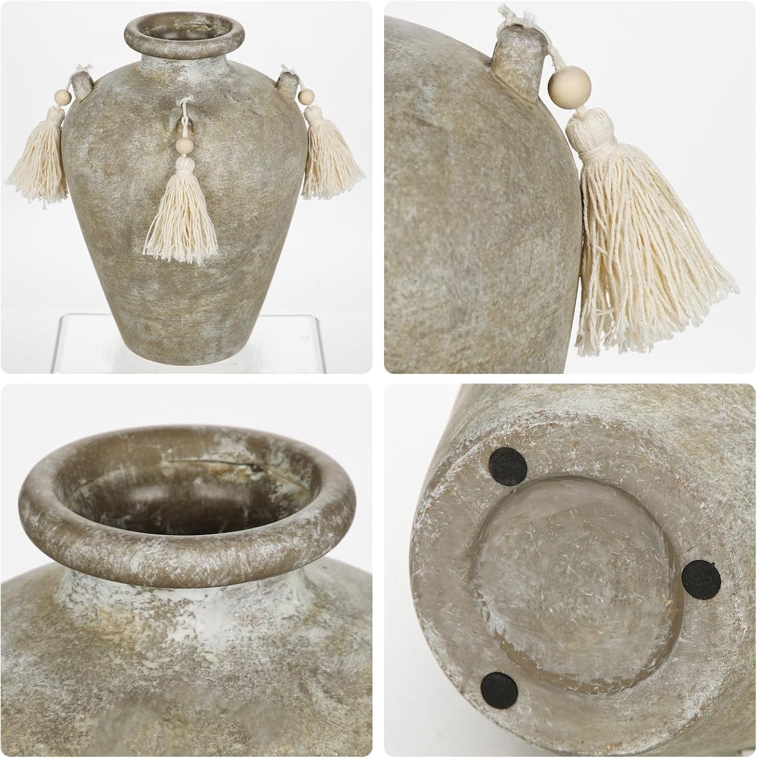 Green Ceramic Vase with Tassels Boho Pampas Grass Rustic Home Decor 24cm - Kwikley