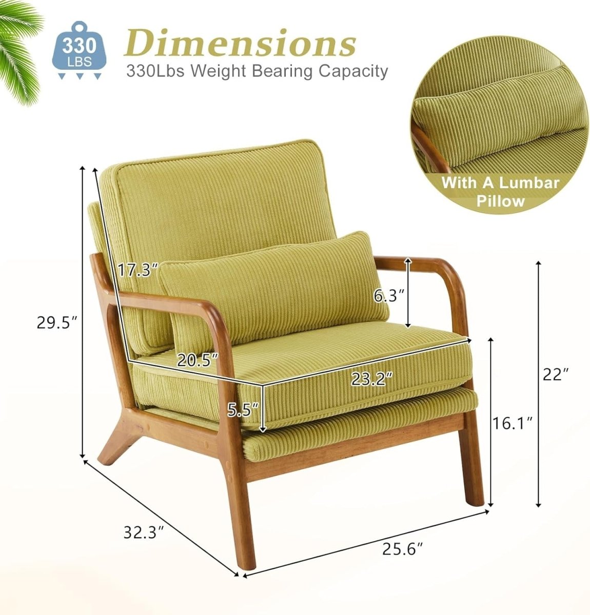 Green Corduroy Accent Chair – Solid Wood Lounge Armchair - Kwikley