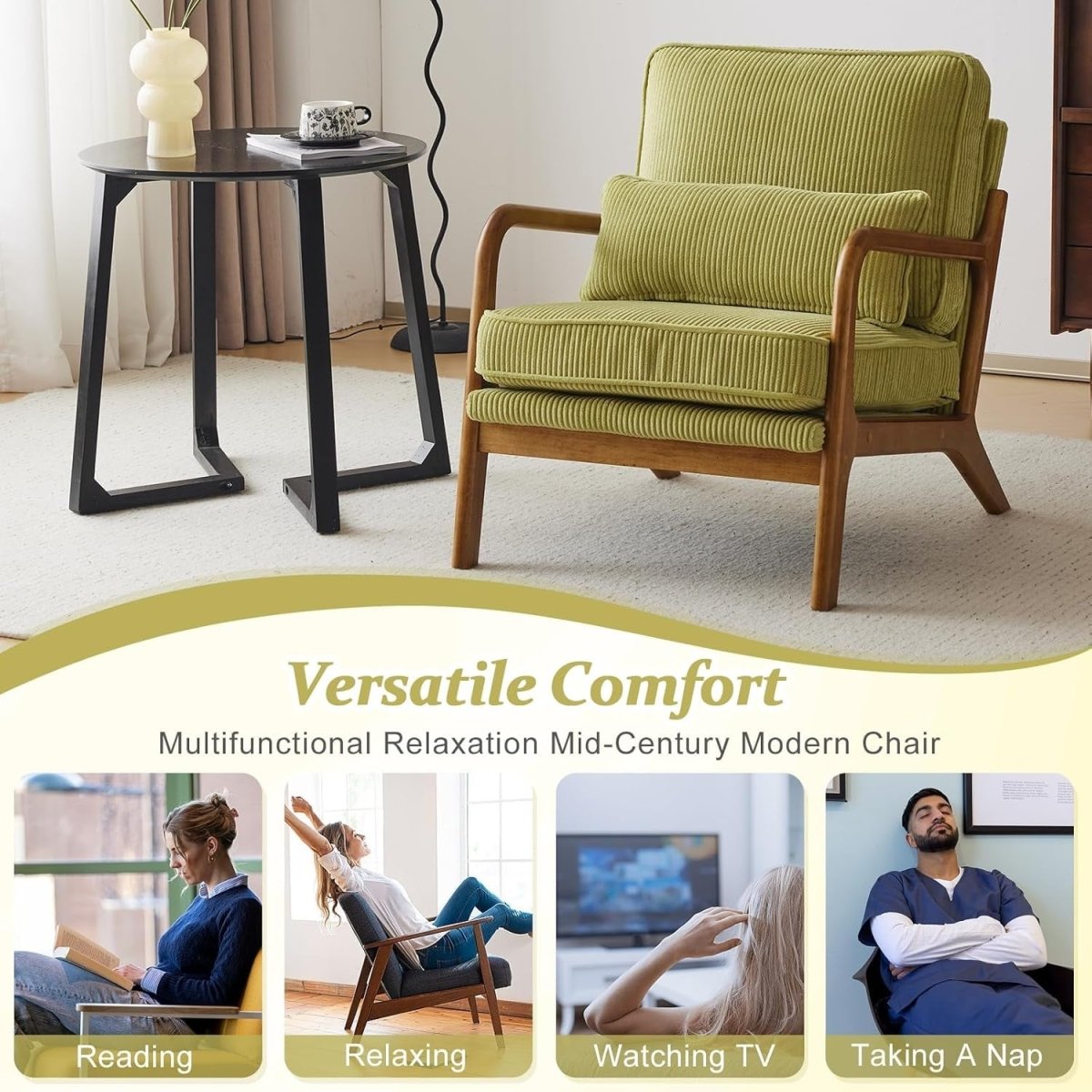 Green Corduroy Accent Chair – Solid Wood Lounge Armchair - Kwikley