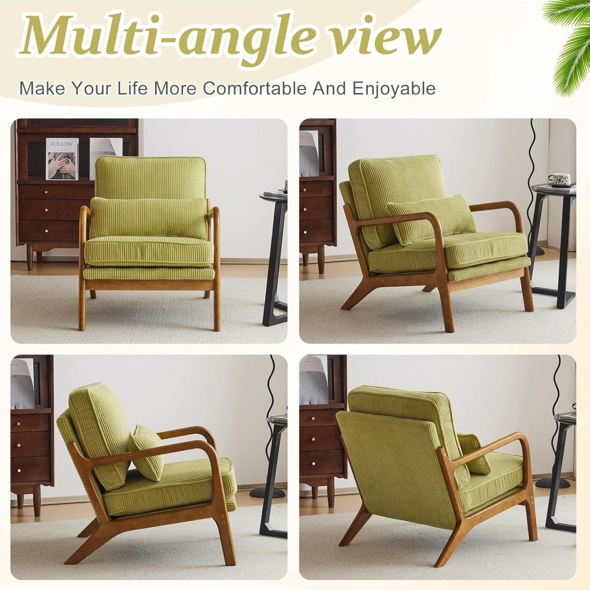 Green Corduroy Accent Chair – Solid Wood Lounge Armchair - Kwikley