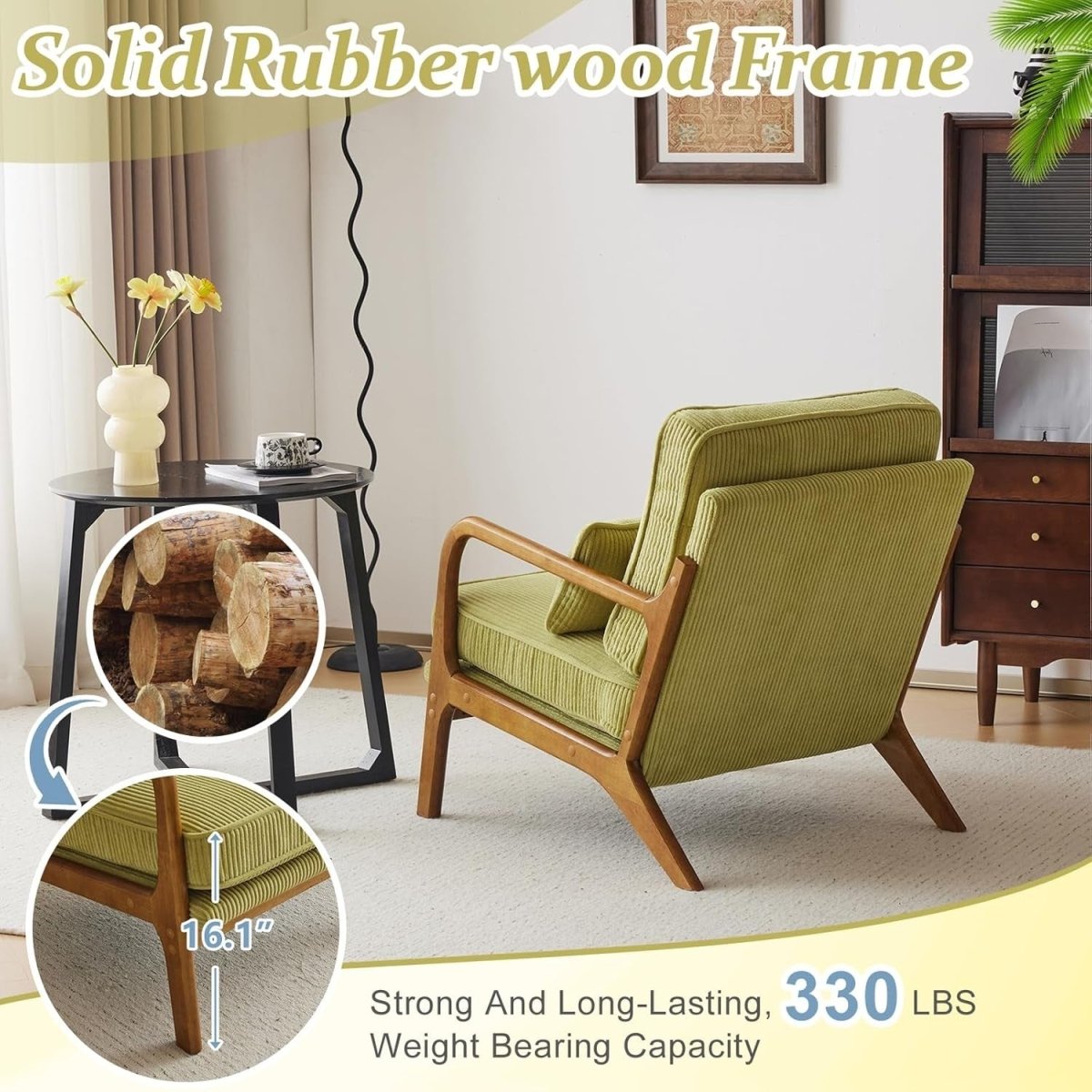 Green Corduroy Accent Chair – Solid Wood Lounge Armchair - Kwikley