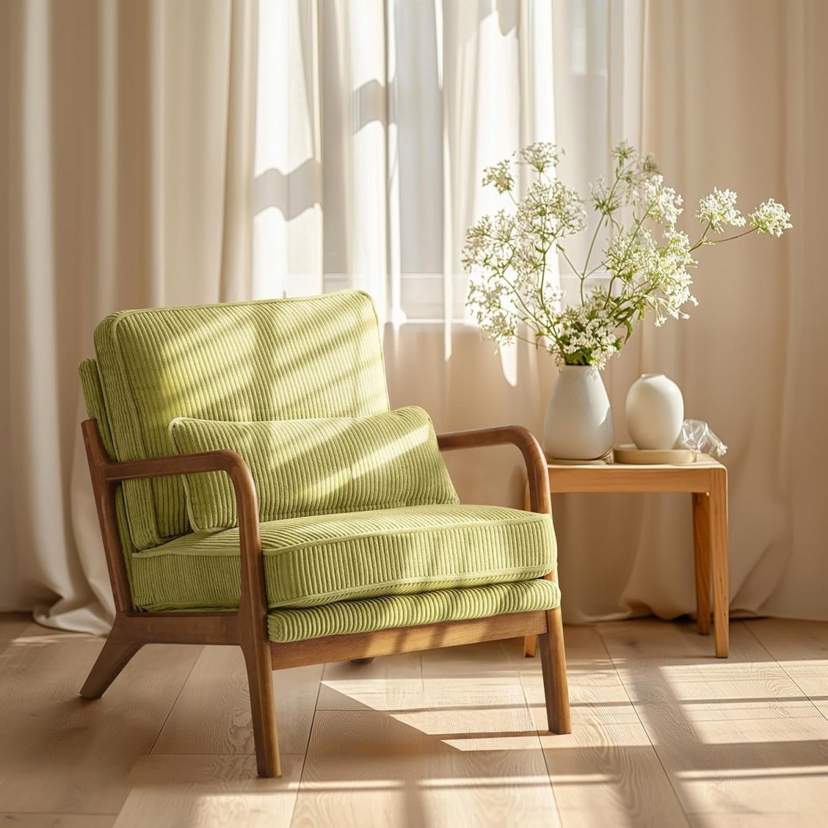 Green Corduroy Accent Chair – Solid Wood Lounge Armchair - Kwikley