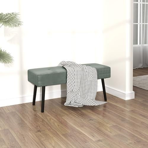 Green Corduroy End of Bed Bench with Tufted Seat & Steel Legs – Modern - Kwikley