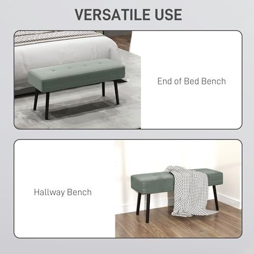 Green Corduroy End of Bed Bench with Tufted Seat & Steel Legs – Modern - Kwikley