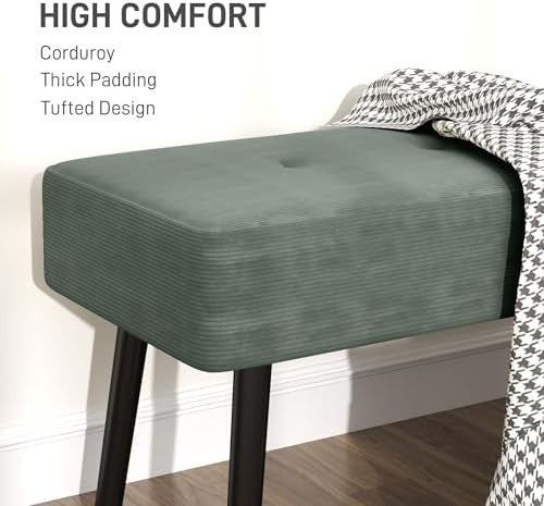 Green Corduroy End of Bed Bench with Tufted Seat & Steel Legs – Modern - Kwikley