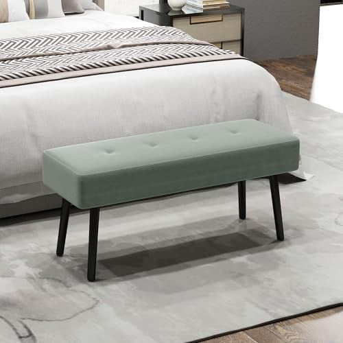 Green Corduroy End of Bed Bench with Tufted Seat & Steel Legs – Modern - Kwikley