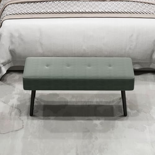 Green Corduroy End of Bed Bench with Tufted Seat & Steel Legs – Modern - Kwikley