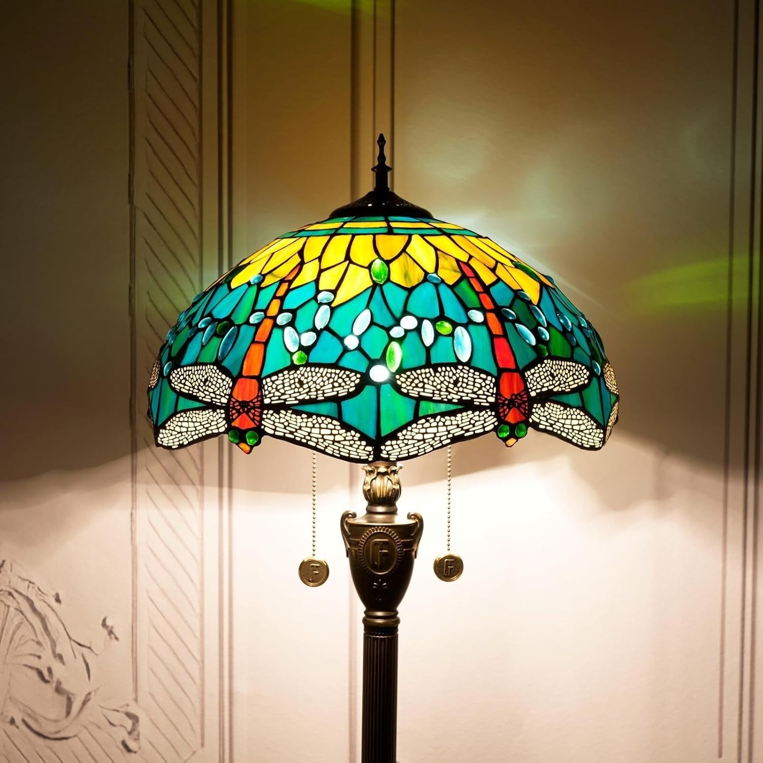 Green Dragonfly Stained Glass Floor Lamp with Vintage Bronze Base & Foot Switch - Kwikley