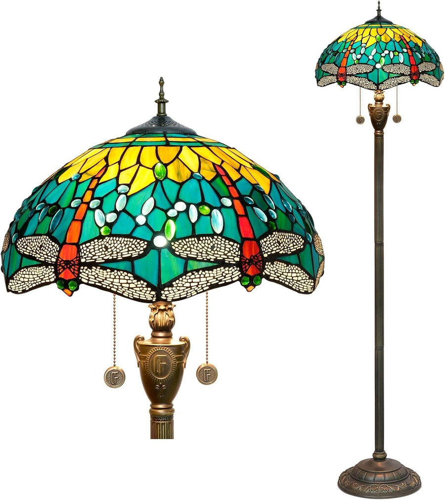 Green Dragonfly Stained Glass Floor Lamp with Vintage Bronze Base & Foot Switch - Kwikley