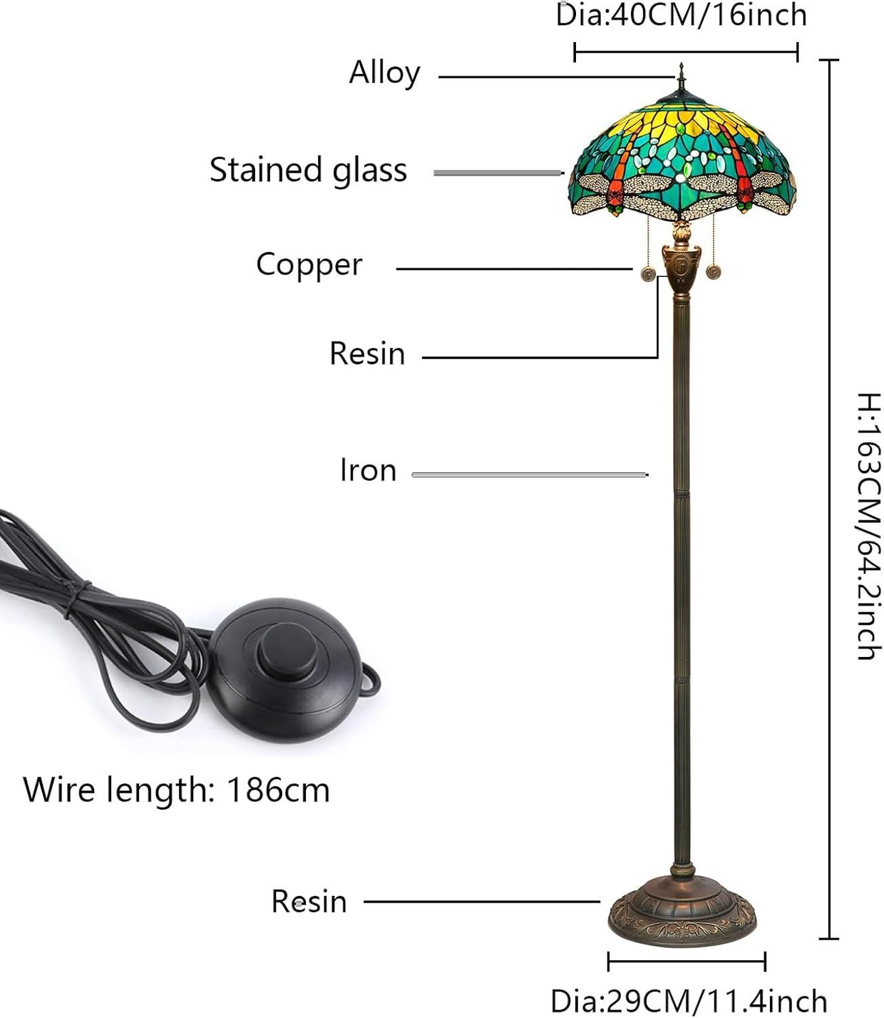 Green Dragonfly Stained Glass Floor Lamp with Vintage Bronze Base & Foot Switch - Kwikley