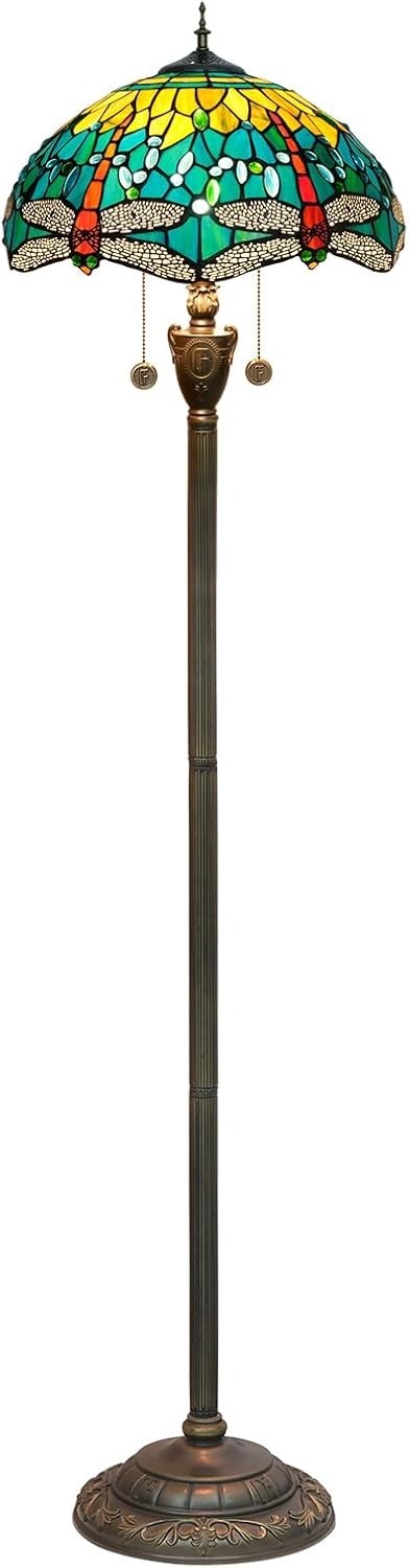 Green Dragonfly Stained Glass Floor Lamp with Vintage Bronze Base & Foot Switch - Kwikley