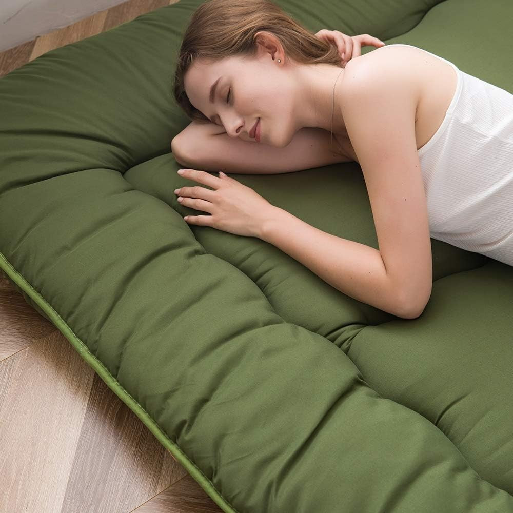 Green Foldable Futon Mattress | Thick Tatami Sleep Pad, Portable Lounger - Kwikley