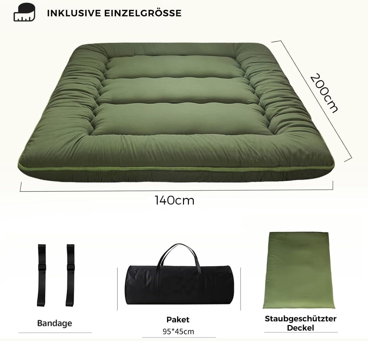 Green Foldable Futon Mattress | Thick Tatami Sleep Pad, Portable Lounger - Kwikley