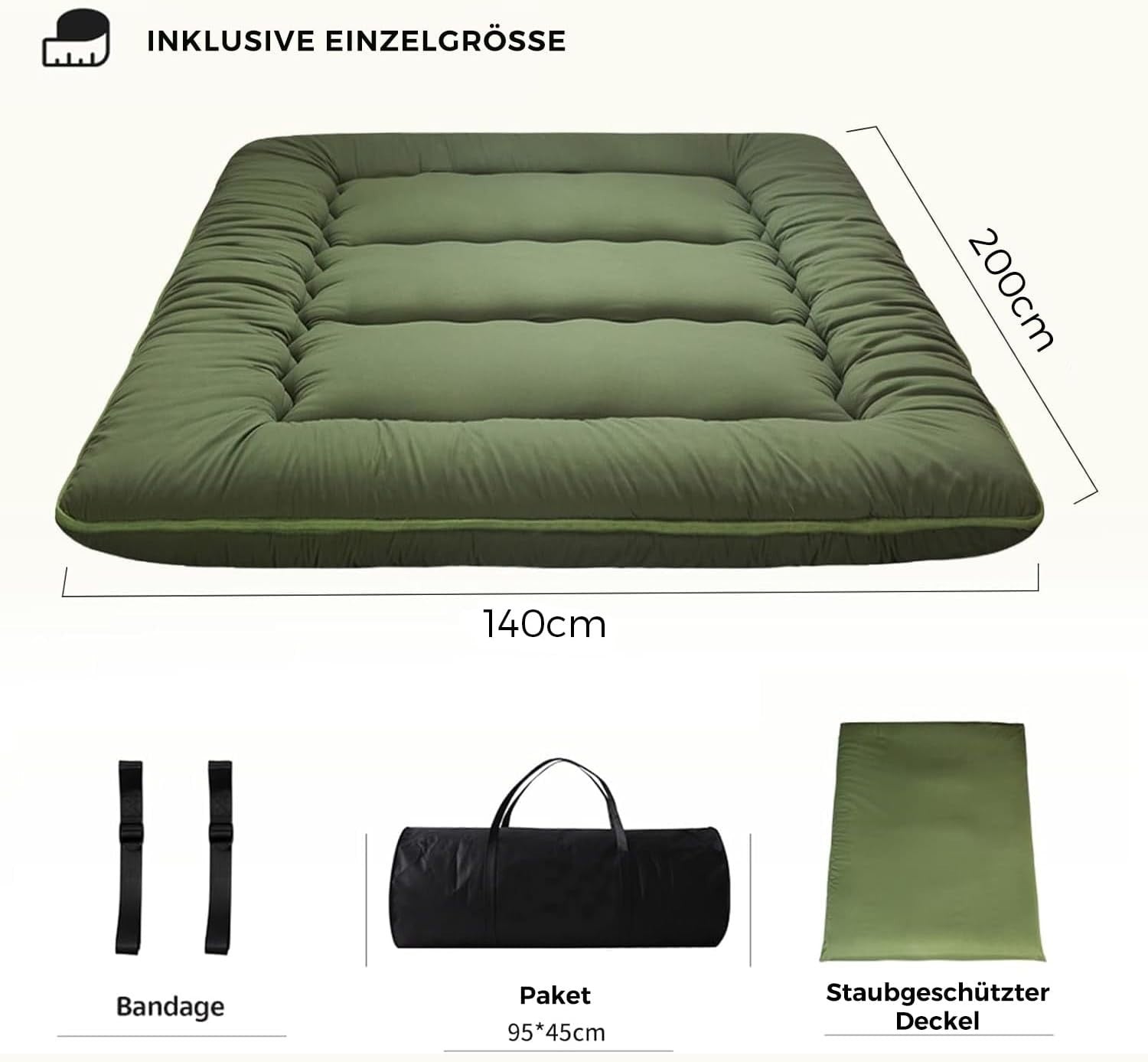 Green Foldable Futon Mattress | Thick Tatami Sleep Pad, Portable Lounger - Kwikley