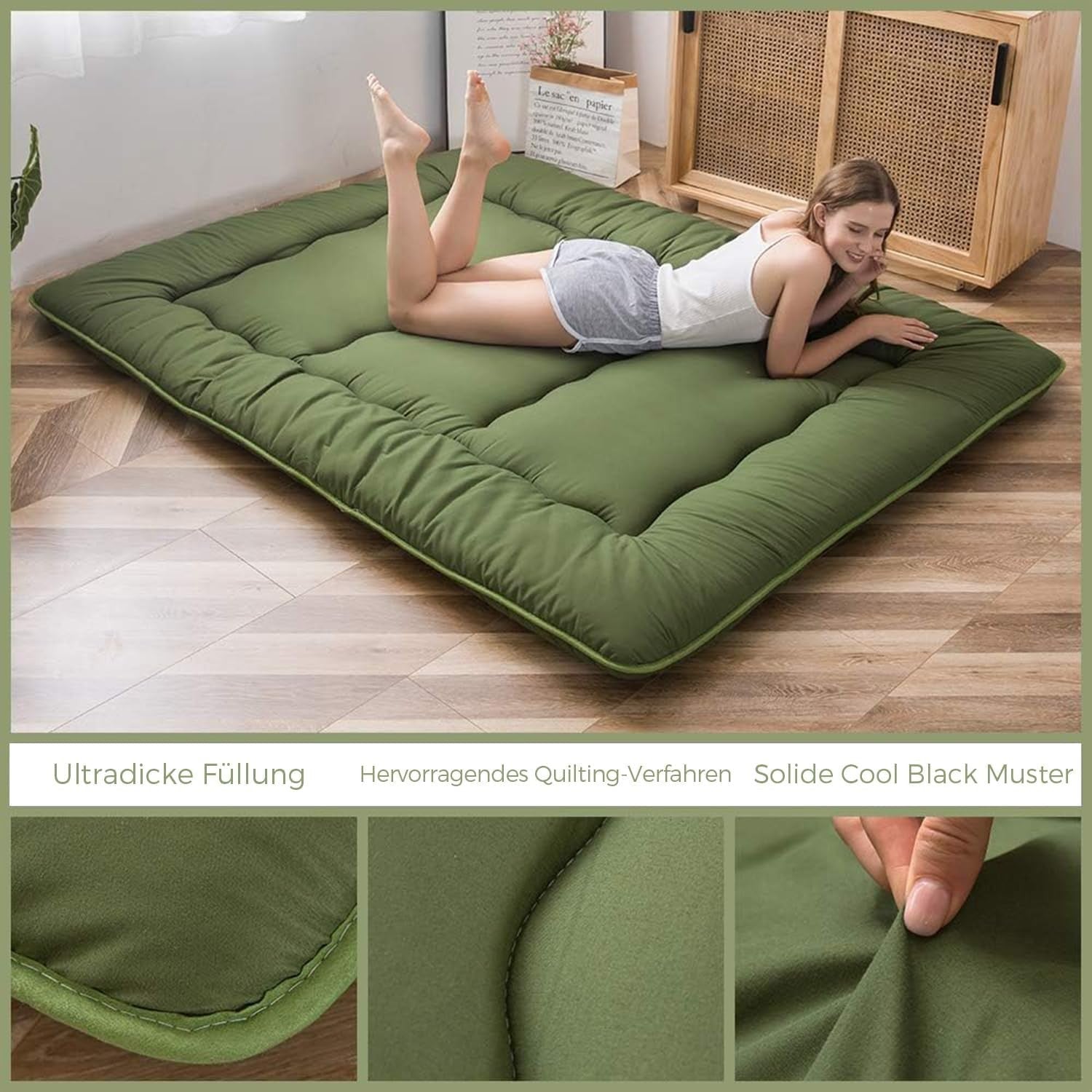 Green Foldable Futon Mattress | Thick Tatami Sleep Pad, Portable Lounger - Kwikley