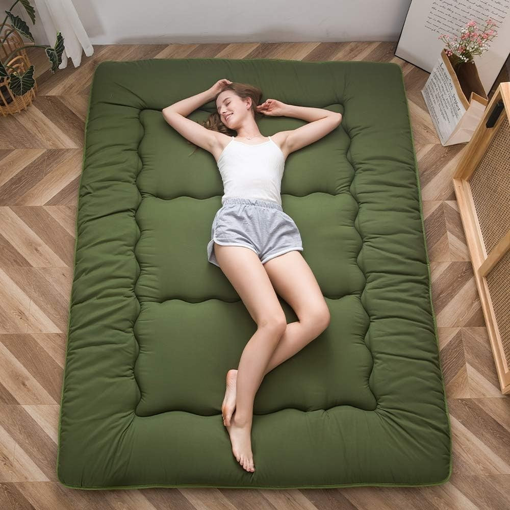 Green Foldable Futon Mattress | Thick Tatami Sleep Pad, Portable Lounger - Kwikley