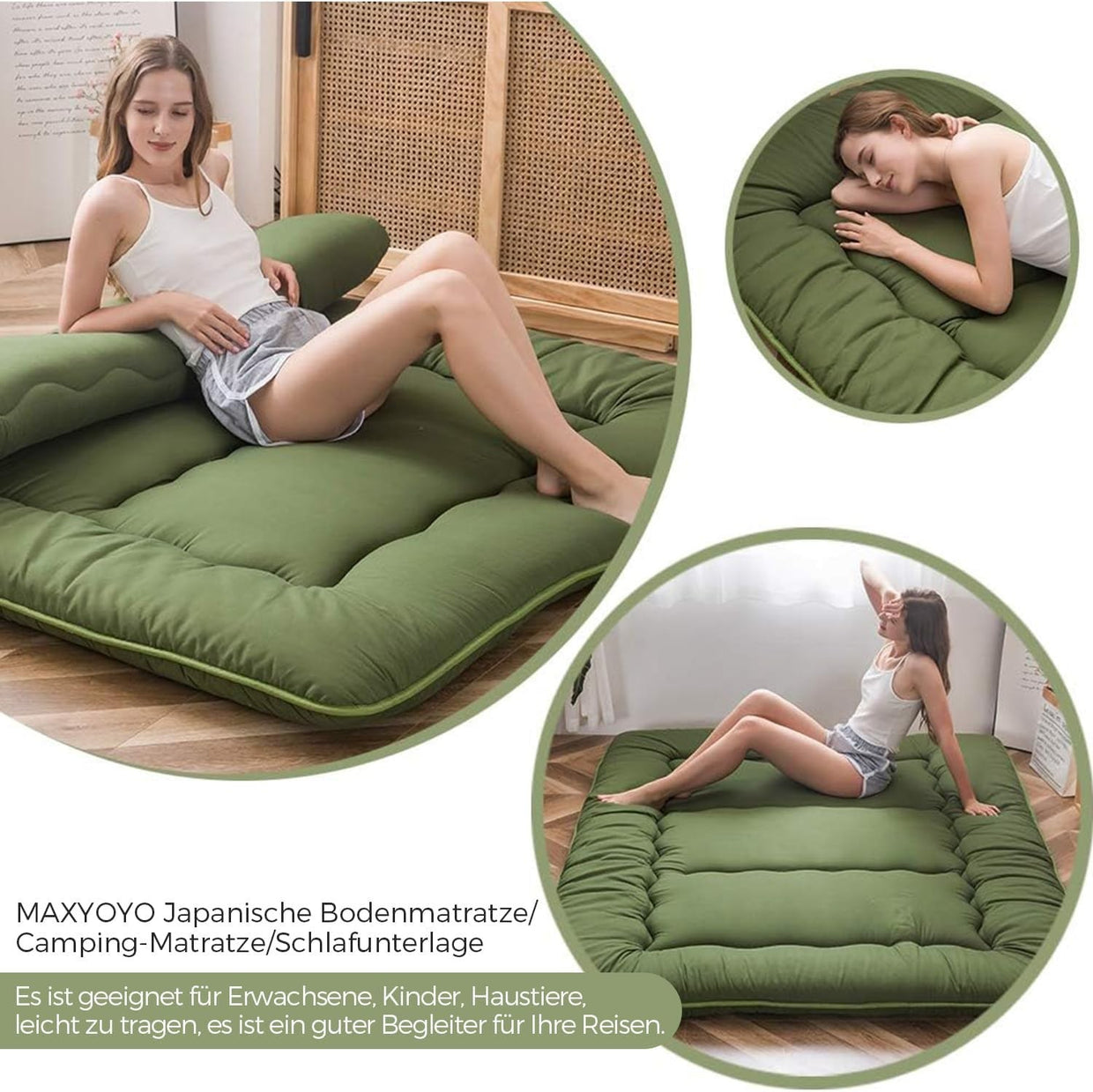 Green Foldable Futon Mattress | Thick Tatami Sleep Pad, Portable Lounger - Kwikley