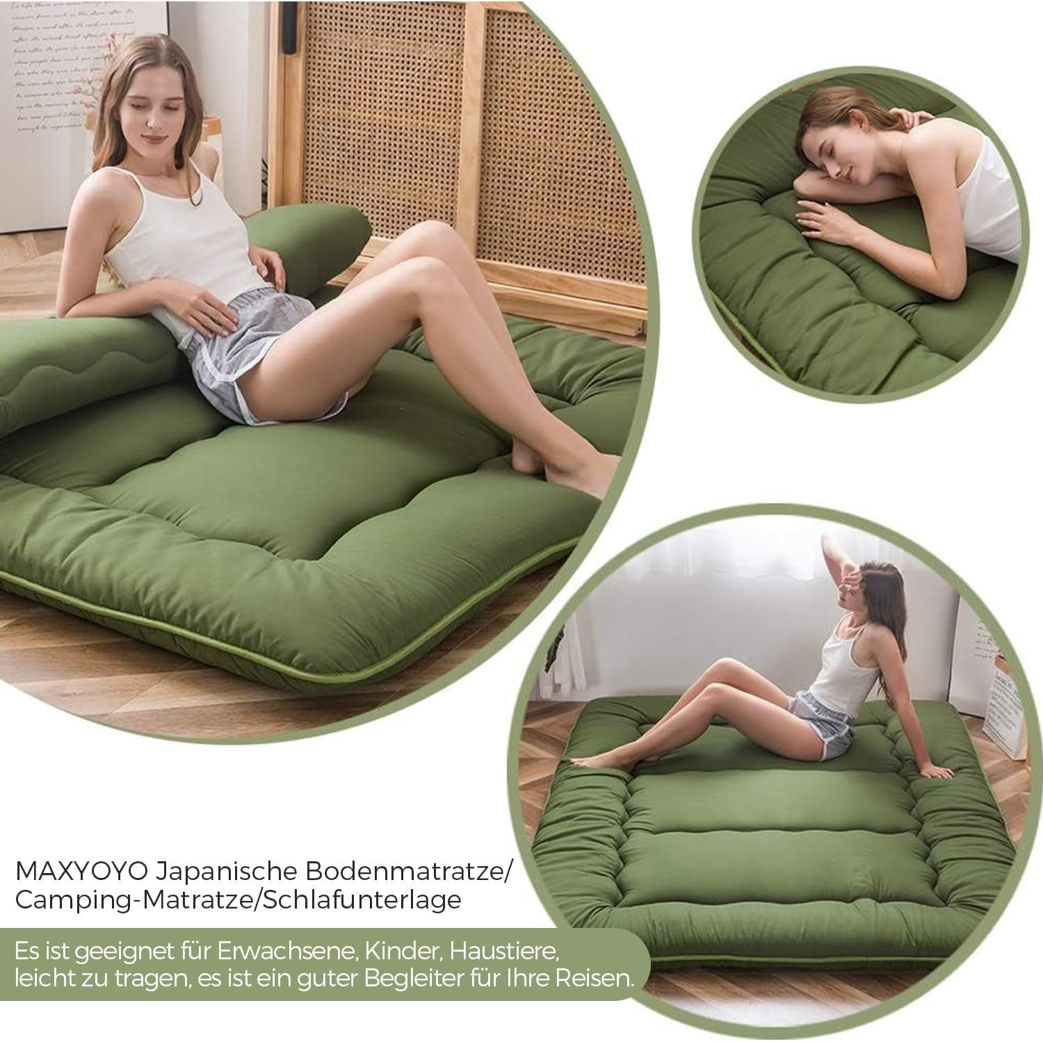 Green Foldable Futon Mattress | Thick Tatami Sleep Pad, Portable Lounger - Kwikley
