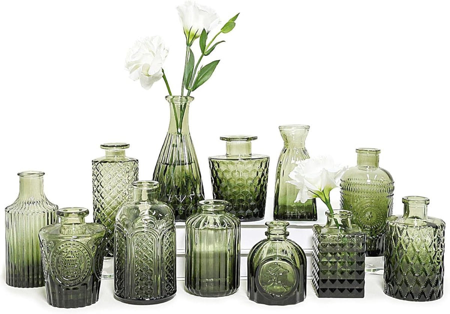 Green Glass Bud Vase Set 12 Vintage Flower Vases Wedding Table Decor - Kwikley