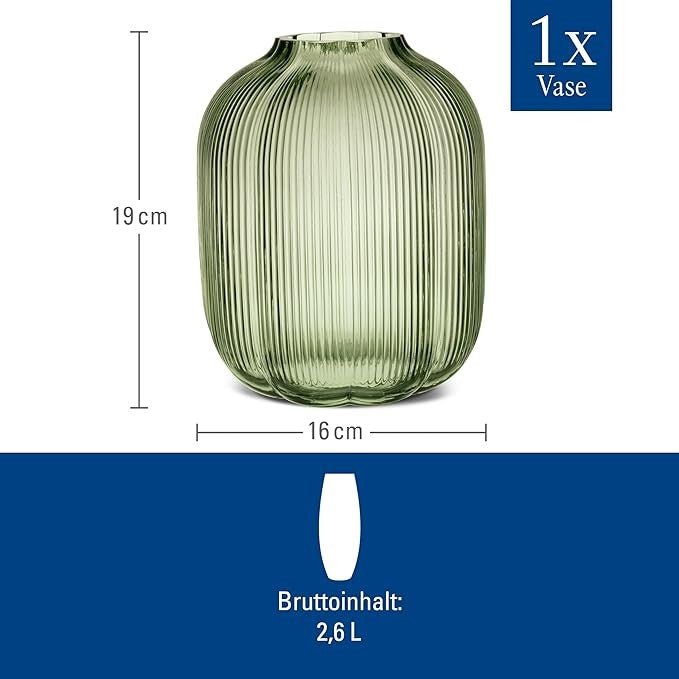Green Glass Flower Vase 19cm Ribbed Modern Table Vase Home Decor - Kwikley