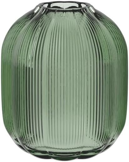Green Glass Flower Vase 19cm Ribbed Modern Table Vase Home Decor - Kwikley