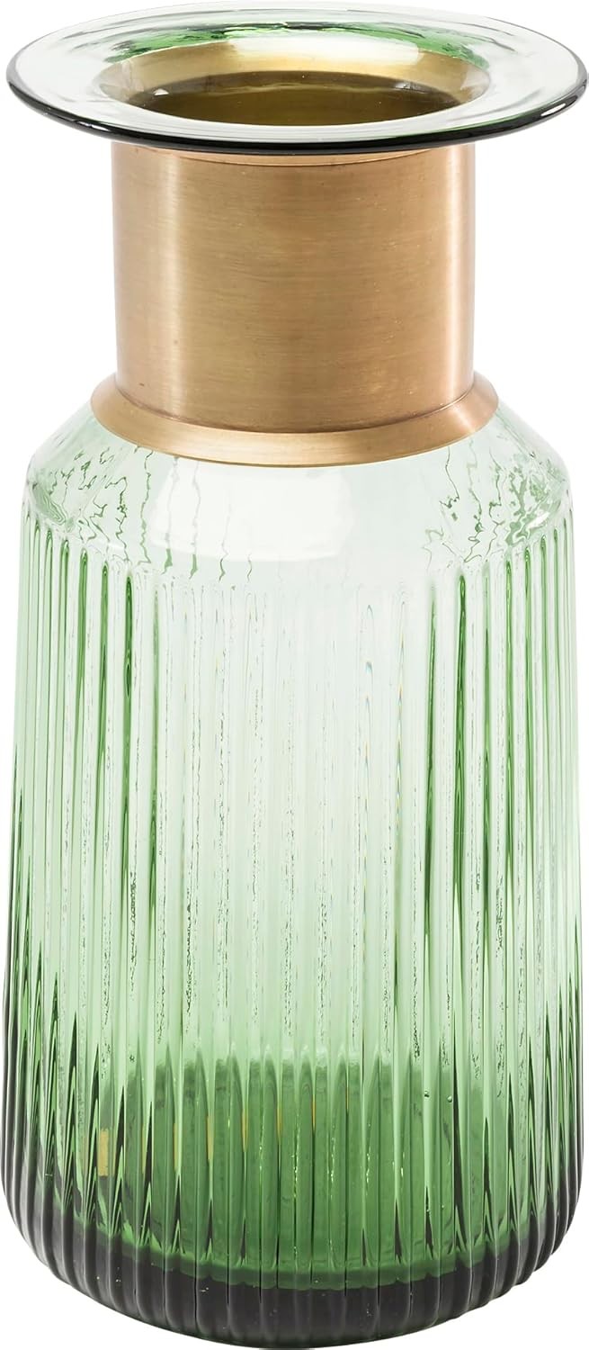 Green Glass Flower Vase Gold Brass Accent Modern Table Decor Luxury 30cm - Kwikley