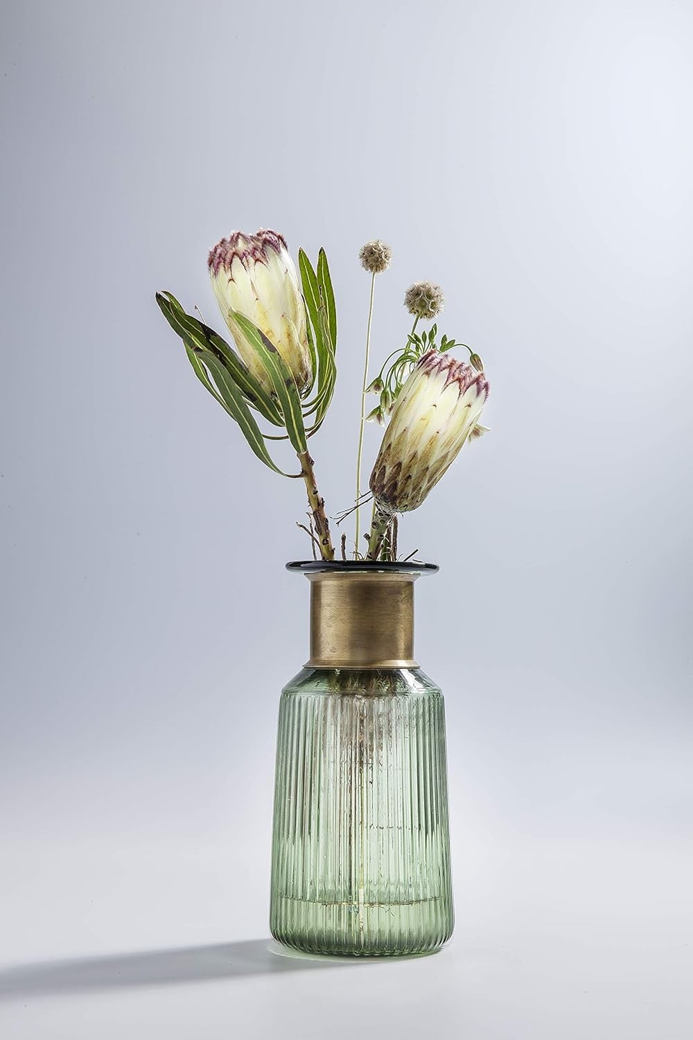 Green Glass Flower Vase Gold Brass Accent Modern Table Decor Luxury 30cm - Kwikley