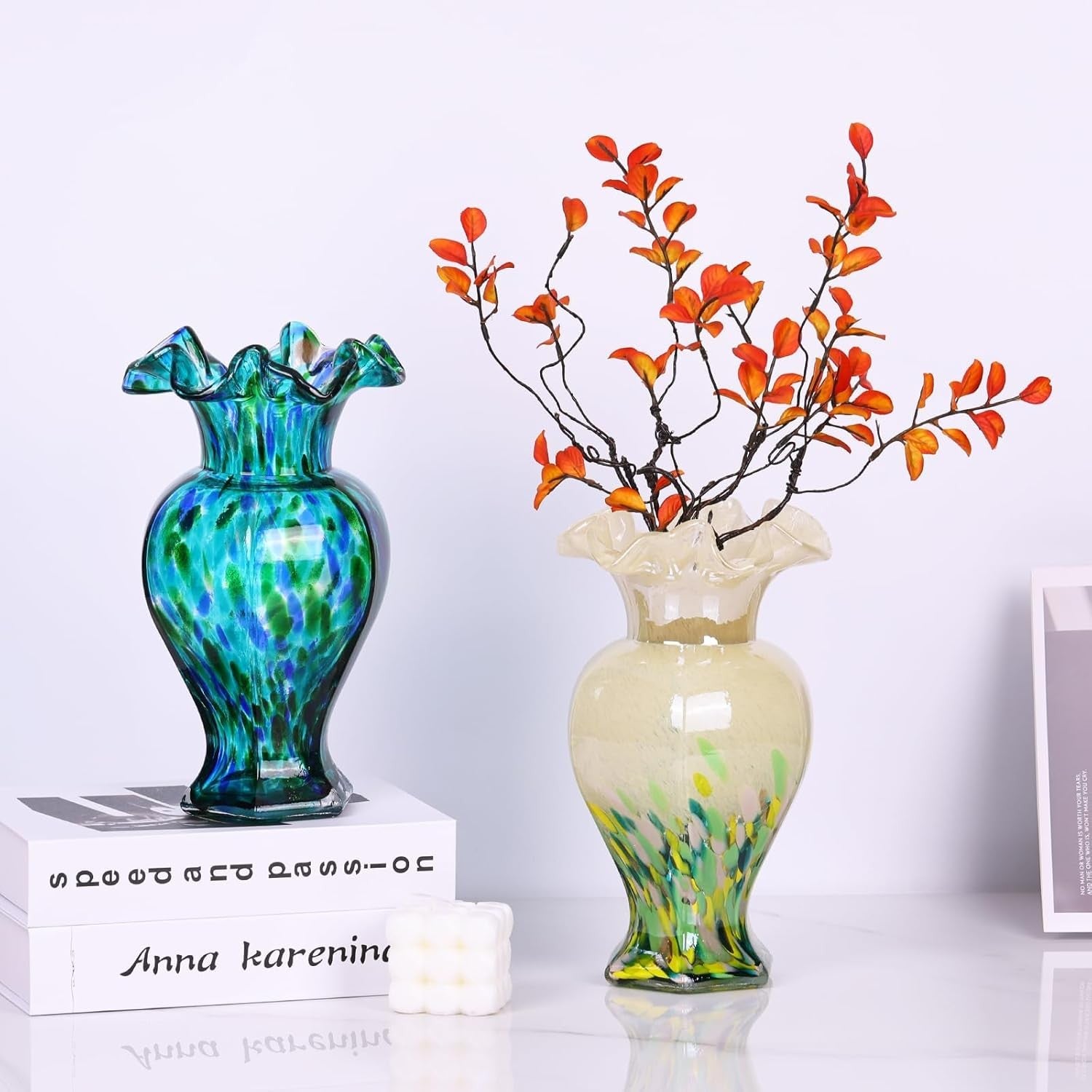 Green Glass Vase 24cm Modern Art Flower Vase Table Centrepiece Decor - Kwikley