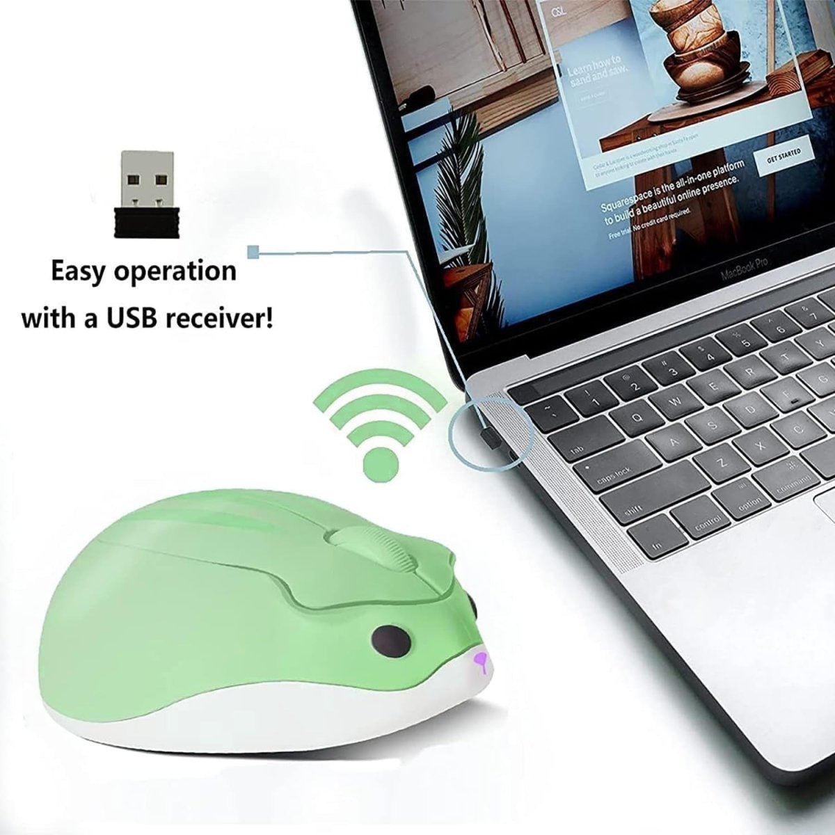 Green Hamster Wireless Mouse Silent 1200DPI Cute USB Laptop PC - Kwikley