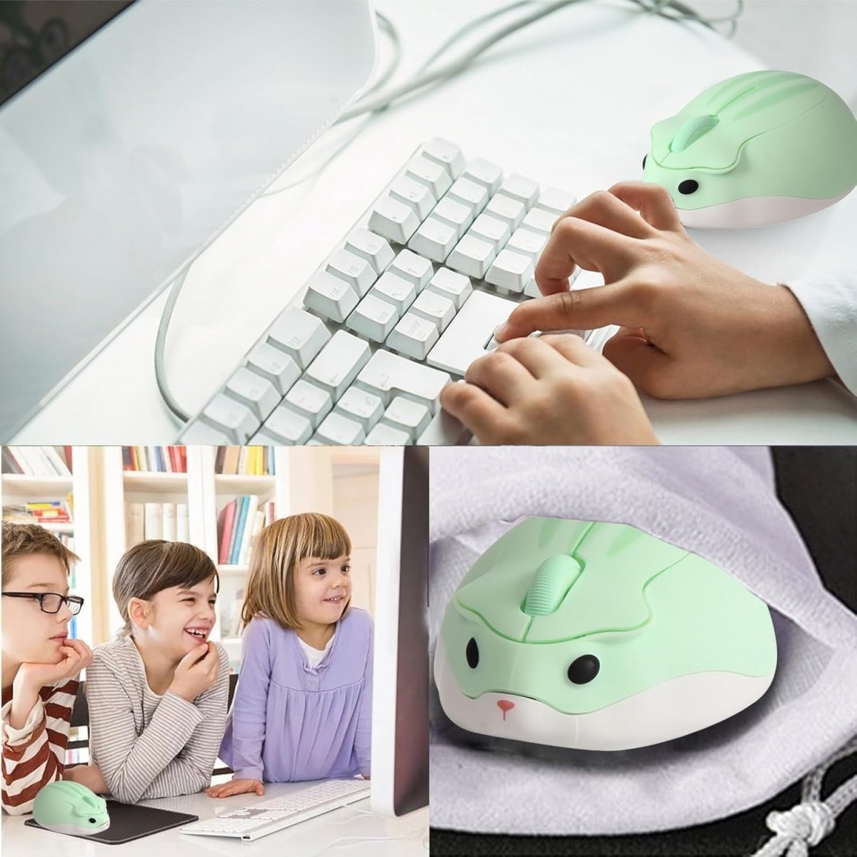 Green Hamster Wireless Mouse Silent 1200DPI Cute USB Laptop PC - Kwikley