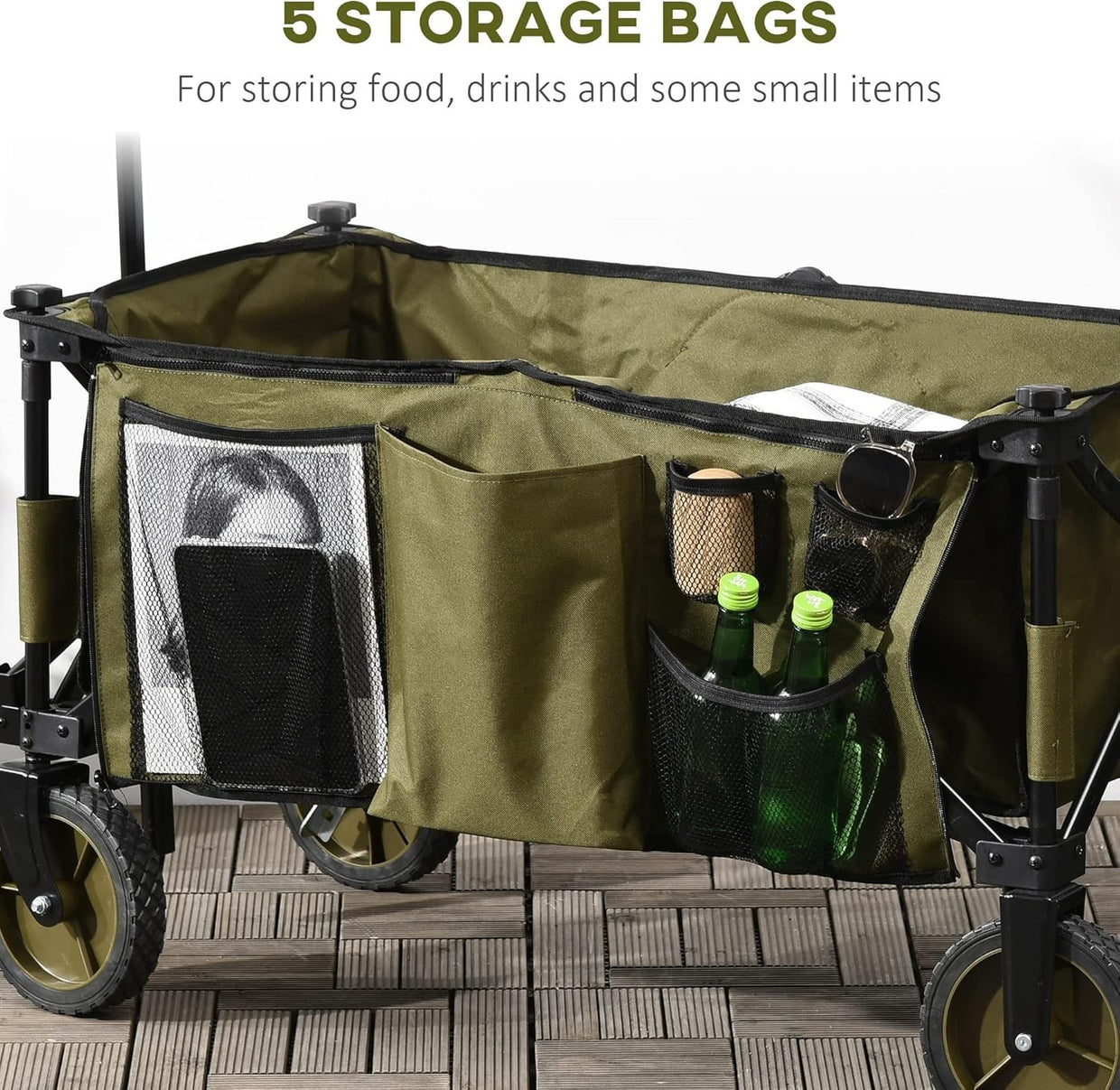 Green Heavy Duty Folding Garden Trolley 100kg Wagon w/ Cover & Pockets - Kwikley