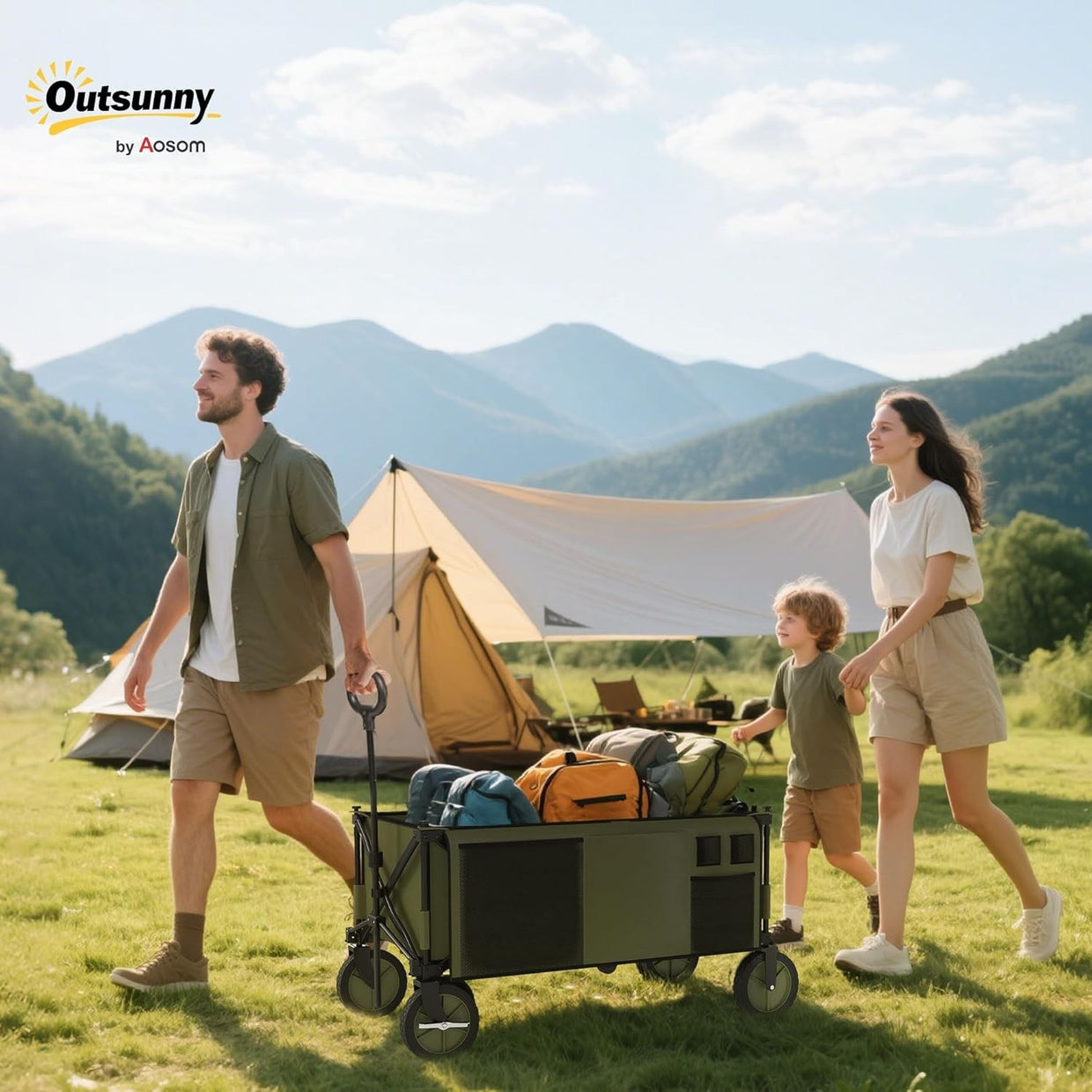 Green Heavy Duty Folding Garden Trolley 100kg Wagon w/ Cover & Pockets - Kwikley