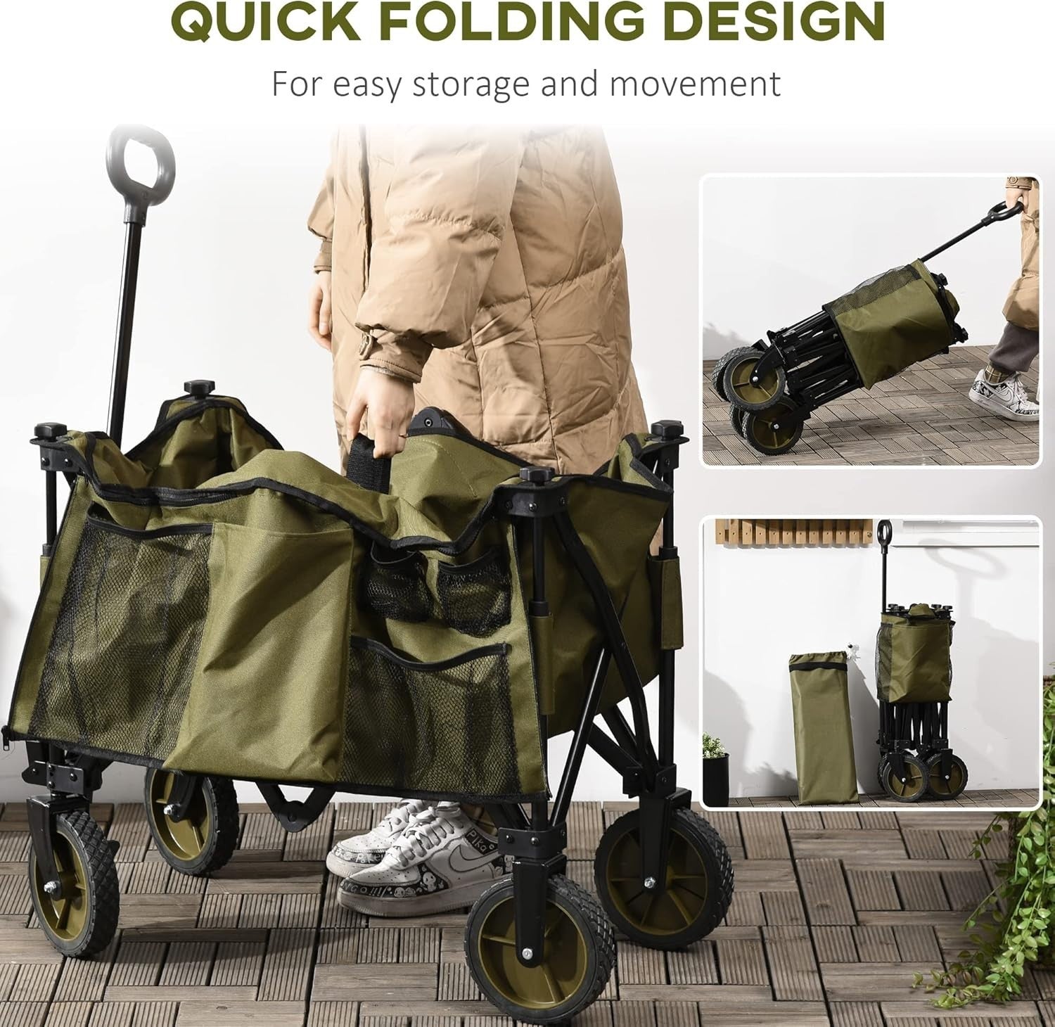 Green Heavy Duty Folding Garden Trolley 100kg Wagon w/ Cover & Pockets - Kwikley