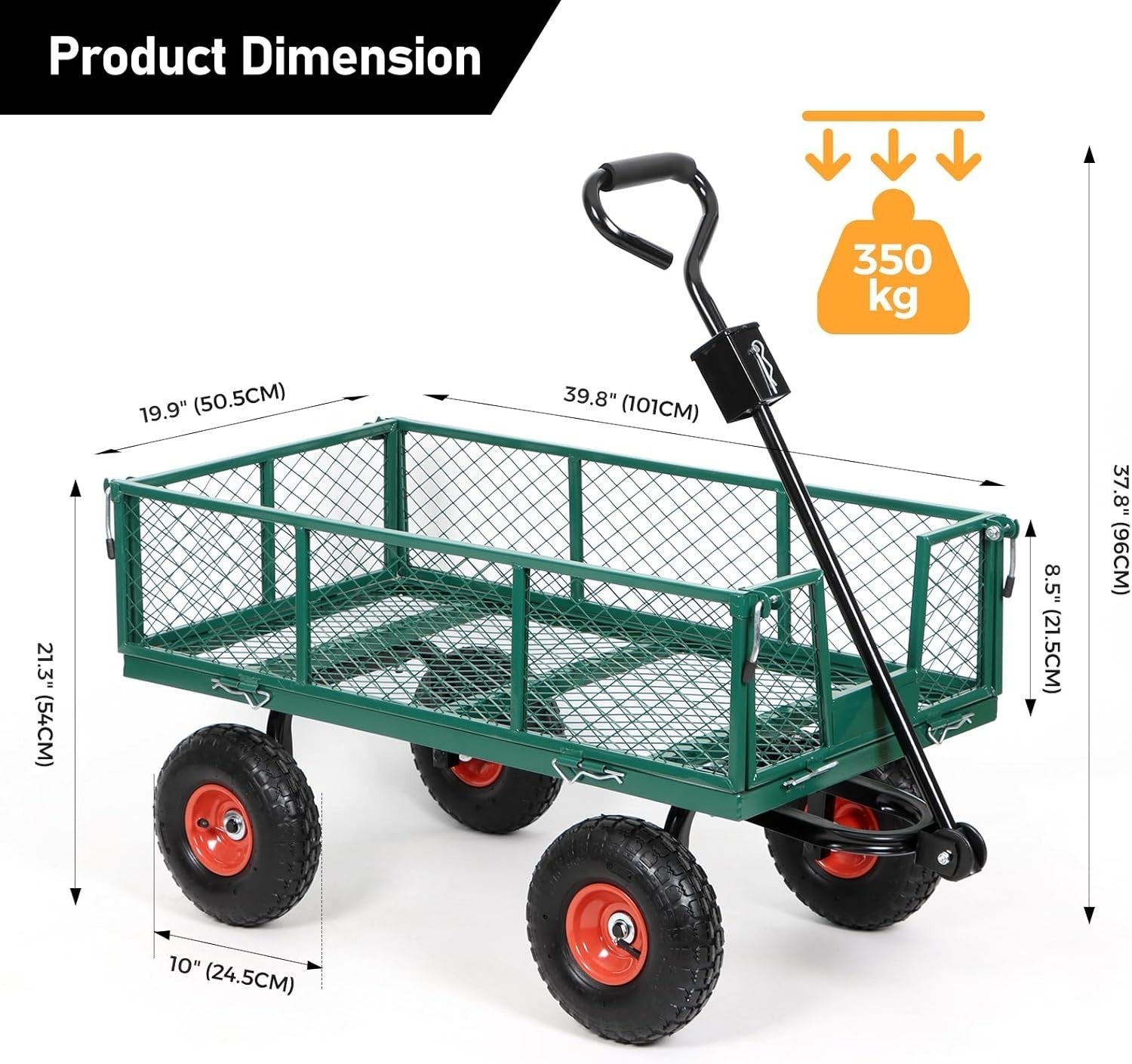 Green Heavy Duty Garden Trolley 350kg Mesh Cart Wagon with Bag & Removable Sides - Kwikley
