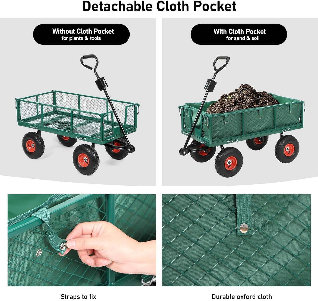 Green Heavy Duty Garden Trolley 350kg Mesh Cart Wagon with Bag & Removable Sides - Kwikley