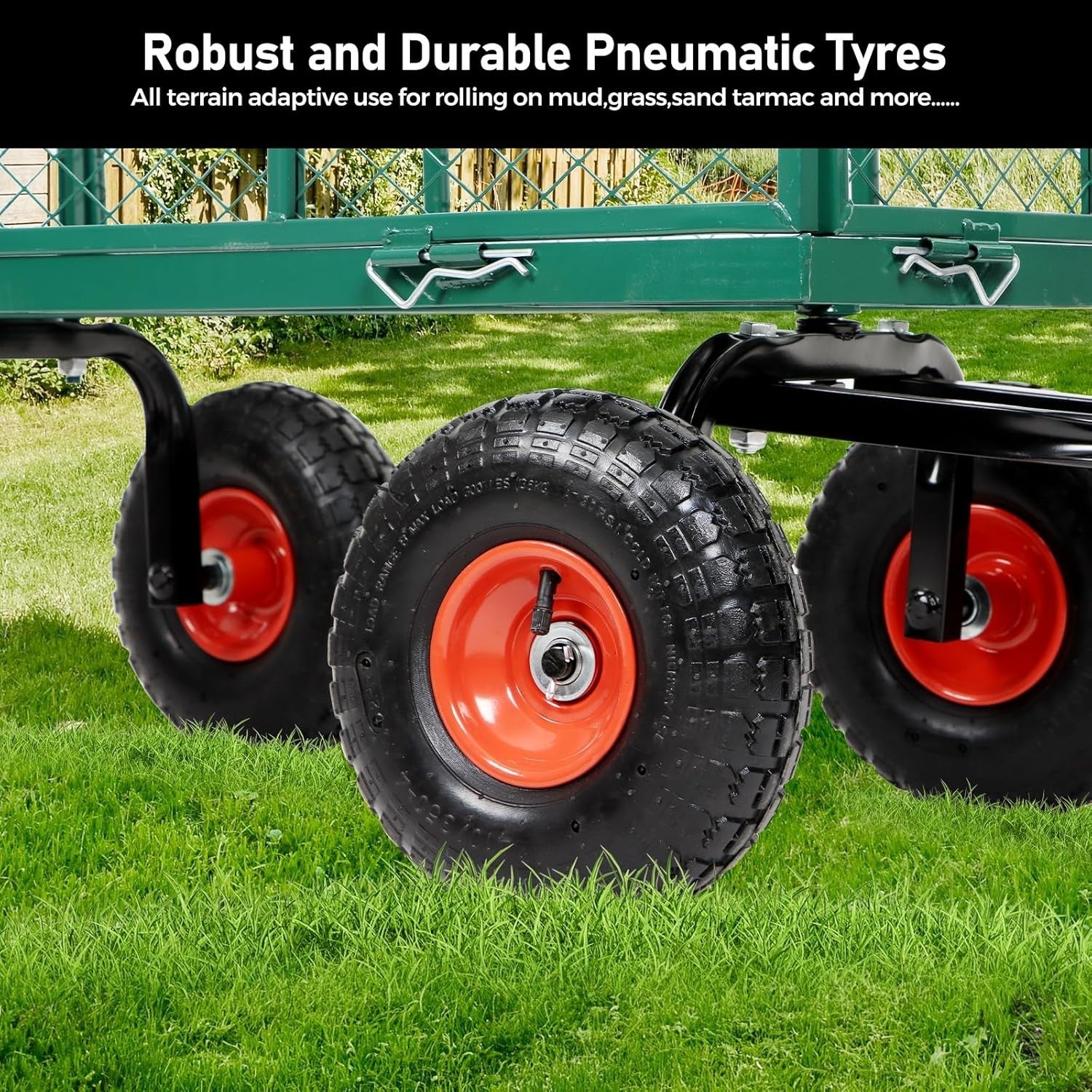 Green Heavy Duty Garden Trolley 350kg Mesh Cart Wagon with Bag & Removable Sides - Kwikley